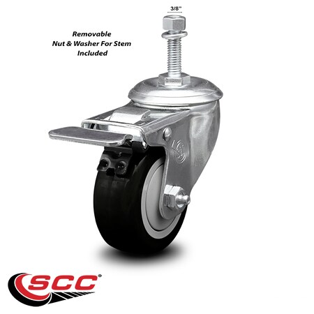 Service Caster 3 Inch Black Polyurethane Swivel 3/8 Inch Stem Caster with Total Lock Brake SCC SCC-TSTTL20S314-PPUB-BLK-381615